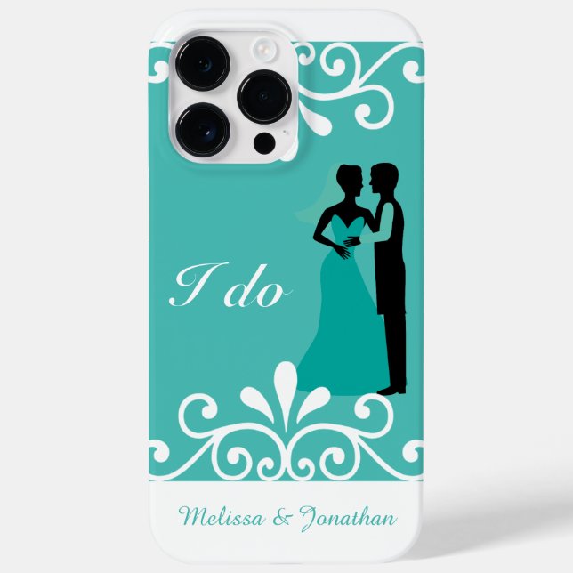 White Swirls Bride Groom Teal Elegant bröllop I gö (Baksida)