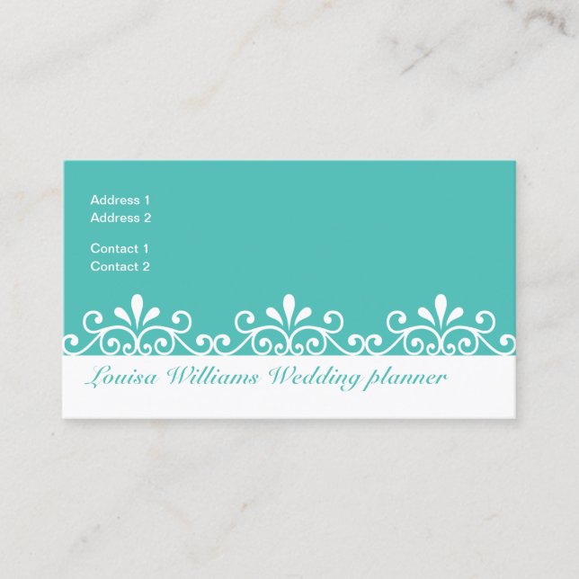 White Swirls Teal Bride Groom Bröllopsfixaren Visitkort (Framsida)