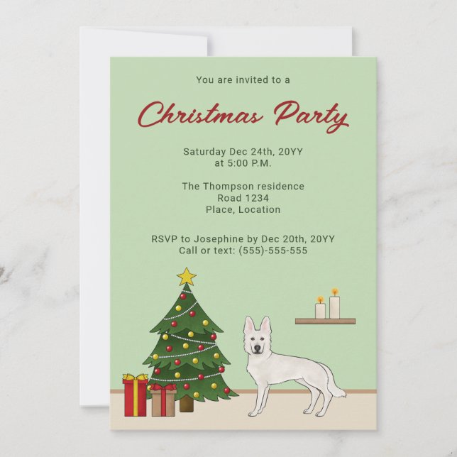 White Swiss Shepherd Cute GSD Hund Grönt jul Inbjudningar (Framsida)
