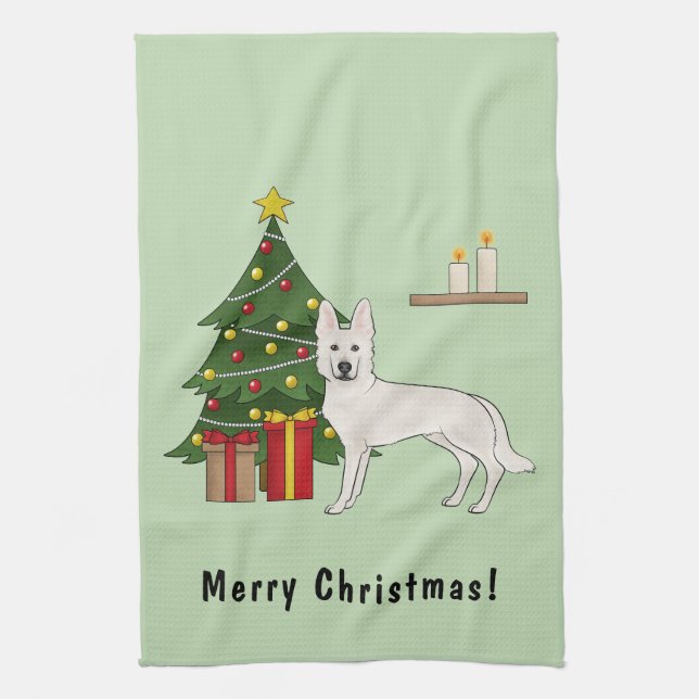White Swiss Shepherd GSD Grönt Julgran Kökshandduk (Vertikal)
