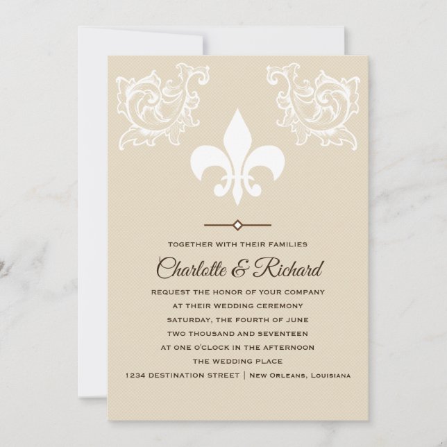 White & Taupe French Fleur De Lis Scrolls Wedding Inbjudningar (Framsida)