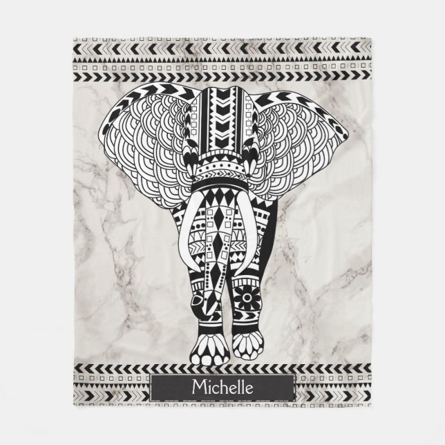 White & Taupe Marble Tribal Patterned Elephant Fleecefilt (Framsidan)