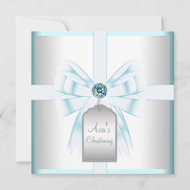 White Teal Blue Baby Baptism Christening Inbjudningar (Framsida)