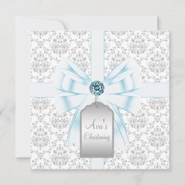 White Teal Blue Damask Baby Baptism Christening Inbjudningar (Framsida)