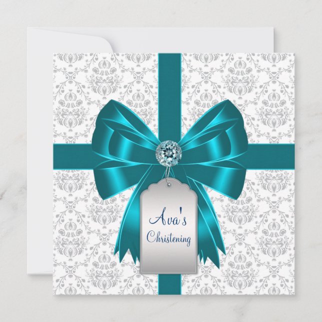 White Teal Blue Damask Baby Christening Inbjudningar (Framsida)