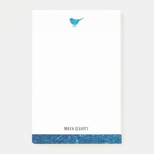 White & Teal Faux Glitter Bird w/ Gräns, Namn Post-it Block