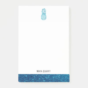 White + Teal Faux Glitter Pineapple & Gräns, Namn Post-it Block
