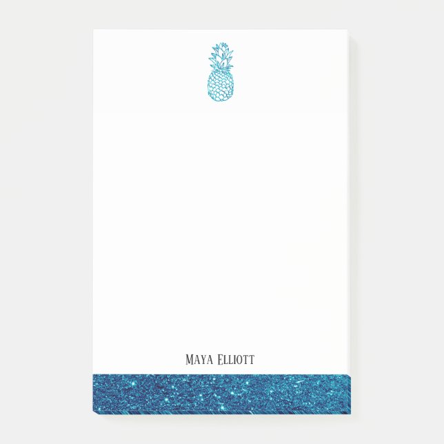 White + Teal Faux Glitter Pineapple & Gräns, Namn Post-it Block (Framsida)
