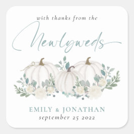White Teal Pumpkins Blommigtar Tack från Newlyweds Fyrkantigt Klistermärke
