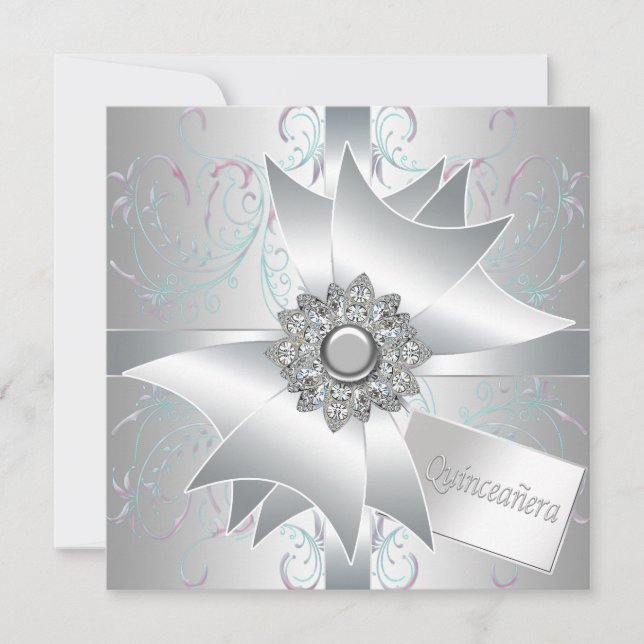 White Teal Swirls Quinceanera Inbjudningar (Framsida)