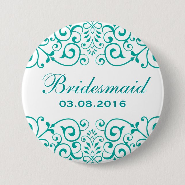 White Teal Victorian Blommigt Bridesmaid Button Knapp (Framsida)