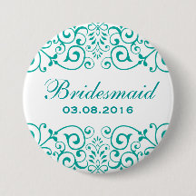 White Teal Victorian Blommigt Bridesmaid Button