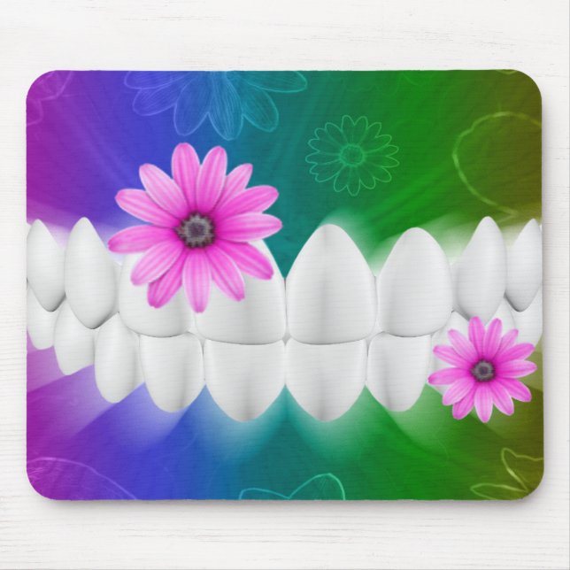White Teeth Smile Rosa Flower Dentist Mousepad Musmatta (Framsidan)