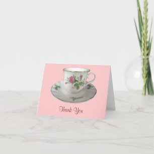 White Tekopp och Saucer med PinkRoses Tack Kort