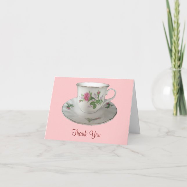 White Tekopp och Saucer med PinkRoses Tack Kort (Framsida)