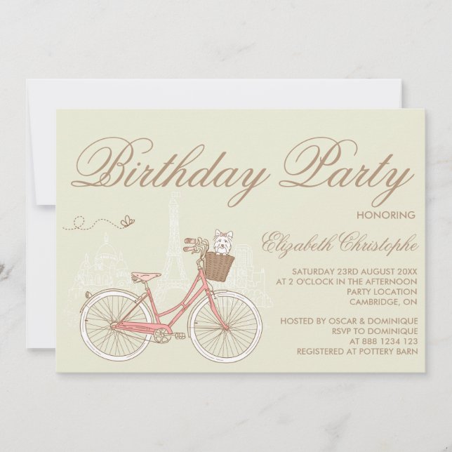 White Terrier på Rosa Bicycle Birthday-inbjudan Inbjudningar (Framsida)