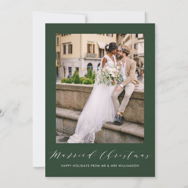 white thin script holiday wedding announcement julkort (Framsida)