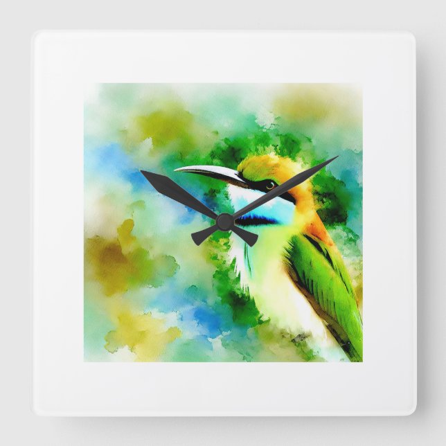 White throated Bee eater 251024AREF144 - Watercolo Fyrkantig Klocka (Framsida)