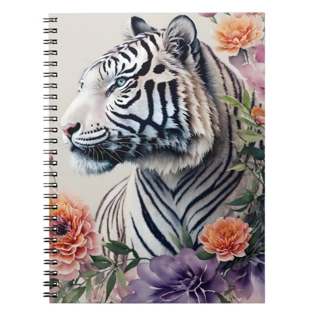 White Tiger Blommigt Porträtt Art Anteckningsbok (Framsidan)