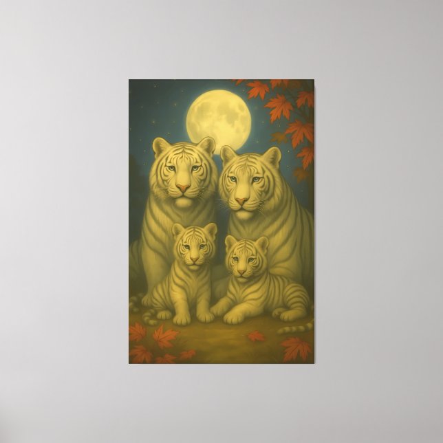 White Tiger Family of Four – Moonlit Autumn Fine A Canvastryck (Framsida)