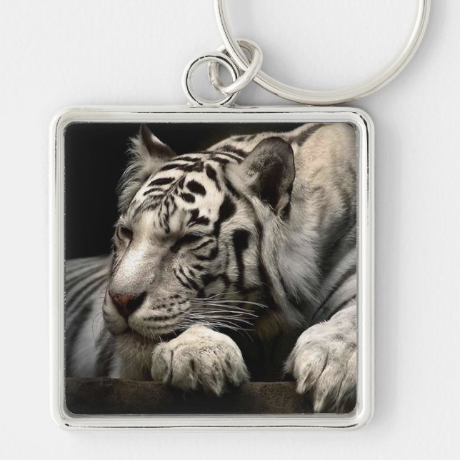 White Tiger Fyrkantig Silverfärgad Nyckelring (Framsidan)