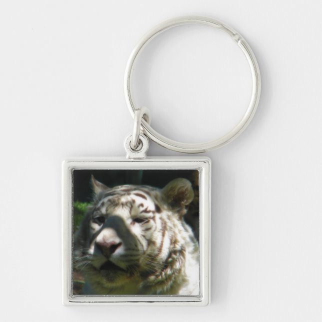 White Tiger Fyrkantig Silverfärgad Nyckelring (Framsidan)