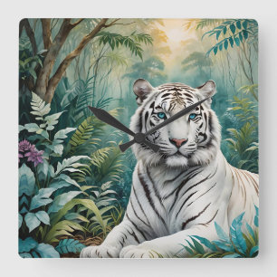 White Tiger Jungle Flora Fyrkantig Klocka