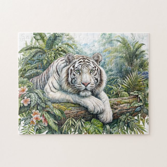 White Tiger Jungle Watercolor Puzzle Pussel (Horisontell)