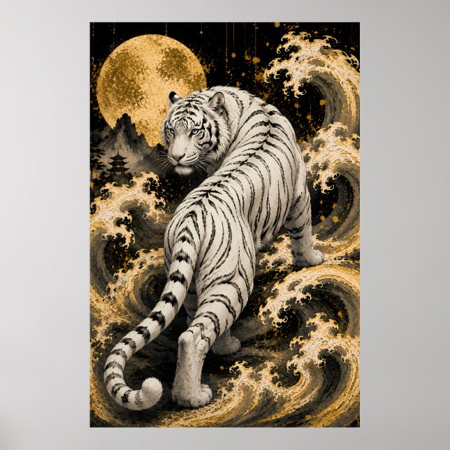 White Tiger Moon Wave Relief Art | Embossed White  Poster (Framsidan)