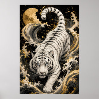 White Tiger Moon Wave Relief Art | Embossed White Poster