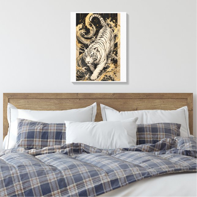 White Tiger Ocean Wave Relief Art | Embossed Wildl Canvastryck (Insitu (sovrum))
