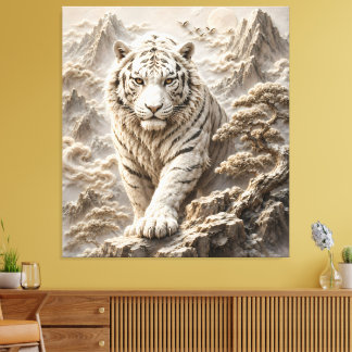 White Tiger Relief Art | Majestätisk Skulptur av V Canvastryck