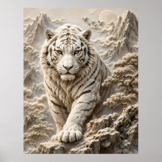 White Tiger Relief Art | Majestätisk Vit Tiger Sku Poster