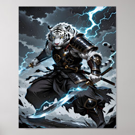 White Tiger Samurai Warrior Blue Lightning Fantasy Poster