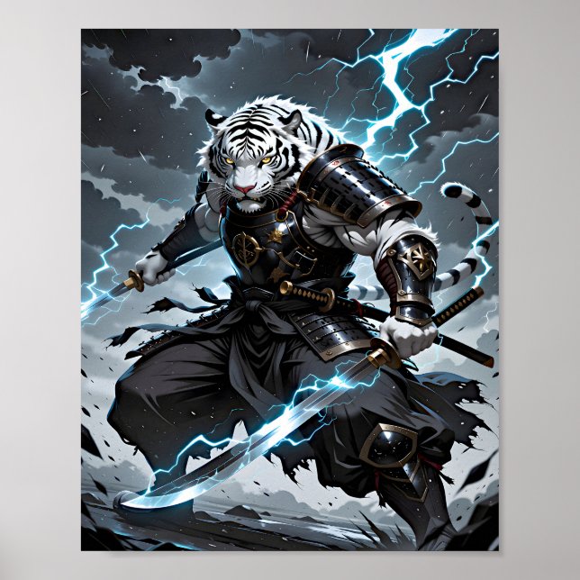 White Tiger Samurai Warrior Blue Lightning Fantasy Poster (Framsidan)