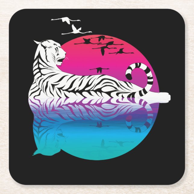 White Tiger Sunset Underlägg Papper Kvadrat (Framsidan)