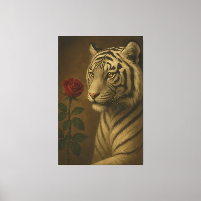 White Tiger with a Rose – Premium Portrait Fine Ar Canvastryck (Framsida)