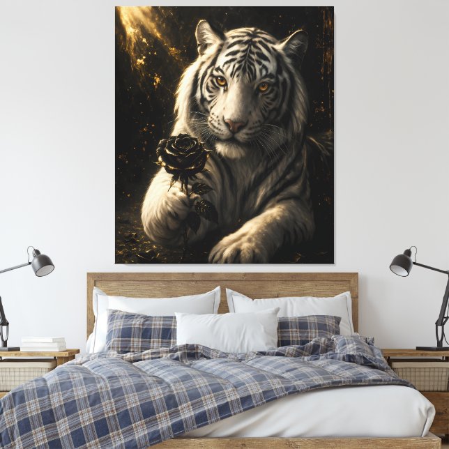 White Tiger With Black Rose Under Moonlight – Roma Canvastryck (Insitu (sovrum))