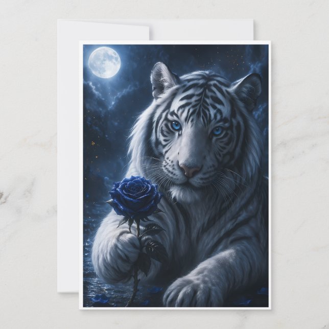White Tiger with Blue Rose Under Moonlight – Roman Kort (Framsida)