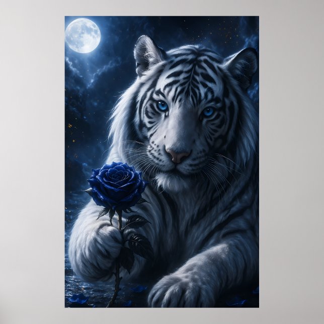 White Tiger with Blue Rose Under Moonlight – Roman Poster (Framsidan)