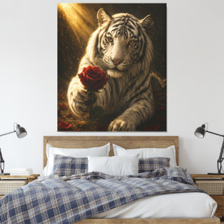 White Tiger with red Rose Under Moonlight – Roman Canvastryck