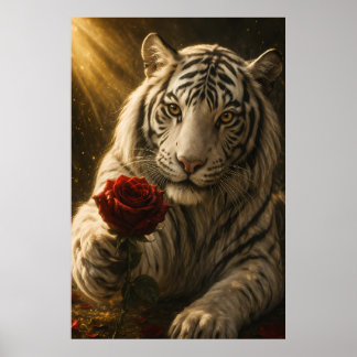 White Tiger with red Rose Under Moonlight – Roman Poster
