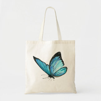 White Tote Bag with Blue Butterfly & Blue Flowe Tygkasse