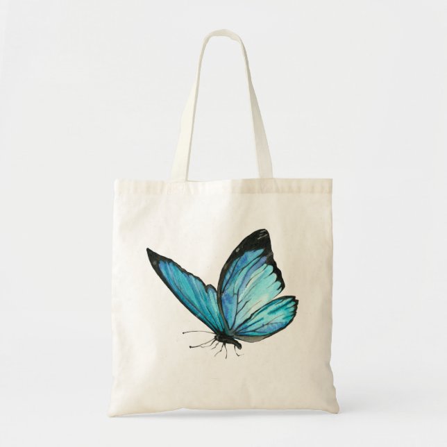 White Tote Bag with Blue Butterfly & Blue Flowe Tygkasse (Framsidan)