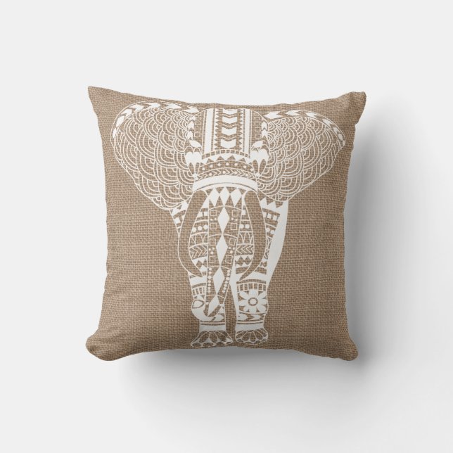 White Tribal Elephant FAUX Burlap Kudde (Framsida)