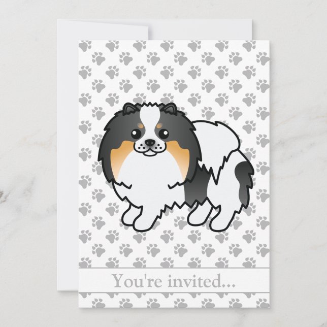 White Tricolor Pommern Cute Hund Födelsedagsfest Inbjudningar (Framsida)