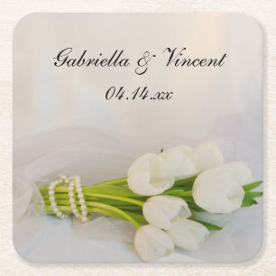 White Tulip Bouquet Bröllop Underlägg Papper Kvadrat