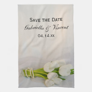 White Tulip Bouquet Vår bröllop Spara datum Kökshandduk