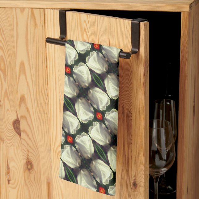 White Tulip Flower Abstrakt Mönster Kökshandduk (Thirds Fold)