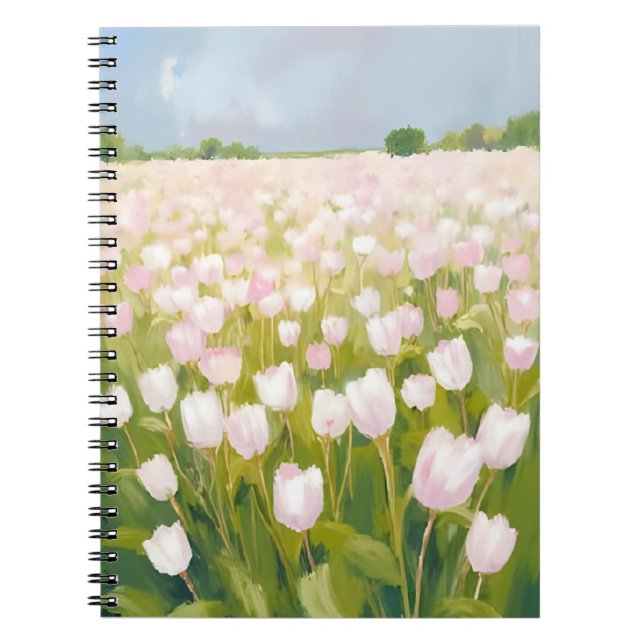 White Tulips Flower Field Painting Anteckningsbok (Framsidan)